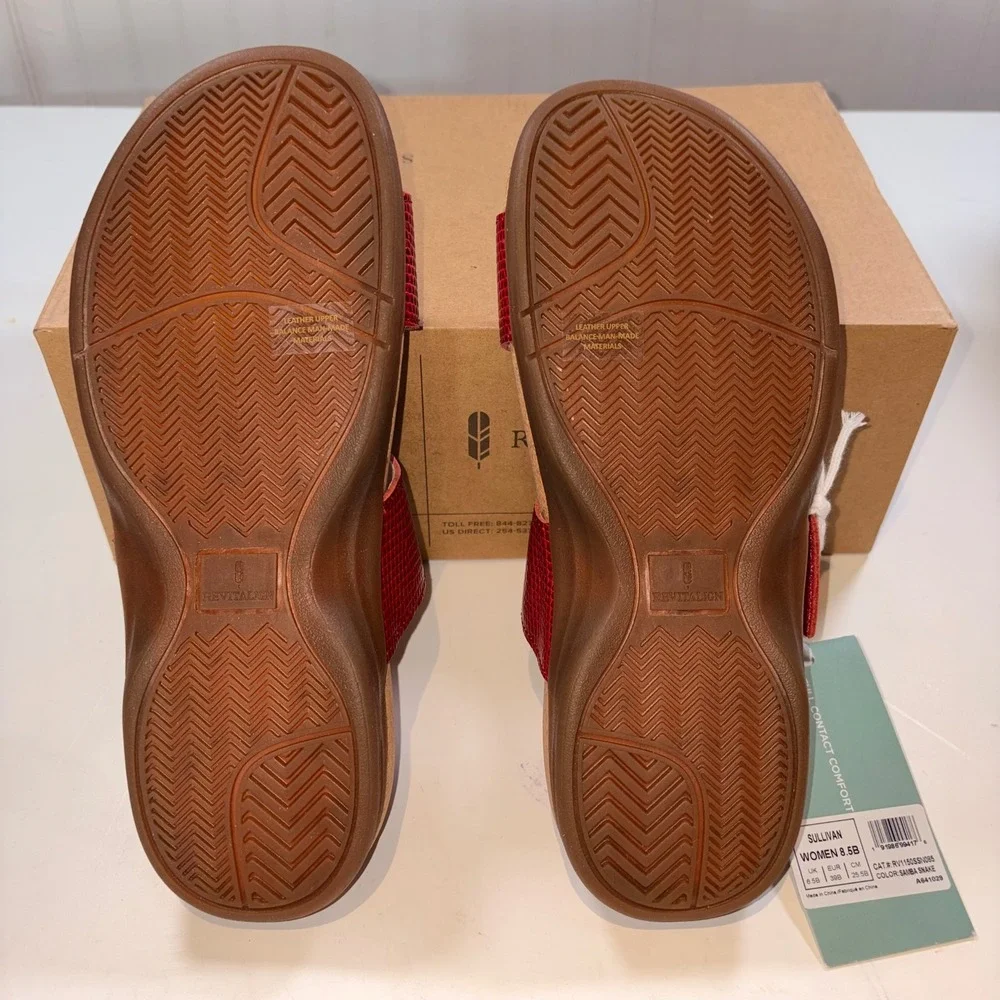 Revitalign Sullivan Slide Sandals 8.5 Red Snake Print Leather Orthotic Comfort